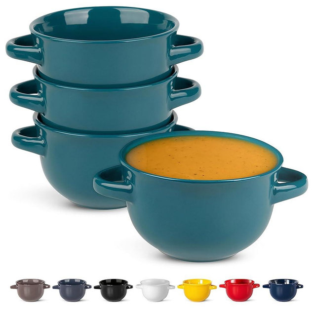 Soup Bowls, French Onion Soup Bowls, by Kook, Soup Crocks, Oven Safe Bowls, Soup Mugs, Ceramic Bowls, Dishwasher, Microwave, Set of 4, 18 oz (Teal)