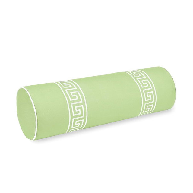 Hofdeco Premium Grandmillennial Coastal Hampton Patio Indoor Outdoor Bolster Pillow Cover Only, 8"x24" Water Repellent for Backyard, Couch, Poolside, Grass Green Embroidered Greek Key
