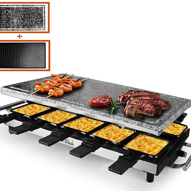 Artestia 10 Person Large Stainless Steel Electric Raclette Grill with Two Full Size Top Plates, High Power 1500W (Full Size Stone and Non-Stick Reversible Aluminum Plate for 10 persons)