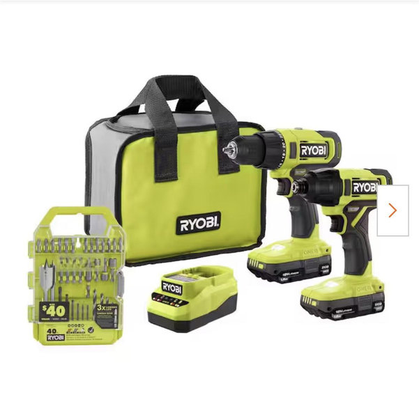 RYOBI ONE+ 18V Cordless 2-Tool Combo Kit with Drill/Driver, Impact Driver, (2) Batteries, Charger, Drill & Drive Kit (40Piece) PCL1200K2-A98401