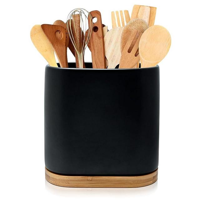 VIREESR Large Ceramic Utensil Holder for Kitchen Countertop,Kitchen Utensil Holder with Bamboo Wooden Base,Cooking Utensil Holder,Easy to Clean,Black Tool Crock,Kitchen Tool Holder for Spatulas and Spoons Etc.
