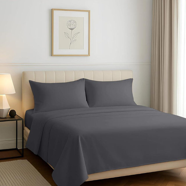 Carressa Linen 100% Egyptian Cotton Queen Sheet Set - Luxury 1200 Series Rose Collection Egyptian Cotton Sheets Queen Size (4 PC, Dark Grey), Silky Soft, Cooling, Sateen 17" Deep Pocket Bed Set