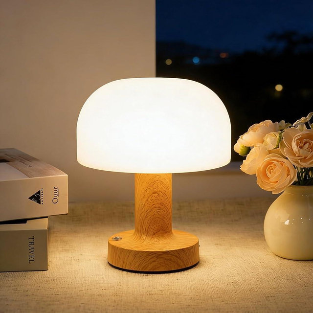 HAPYGI Small Mushroom Table Lamp, Cordless Night Light with 2600mAh Rechargeable Battery, Stepless Dimming Desk Lamp with 3 Colors for Bedroom/Patio/Living Room (Wooden-1)
