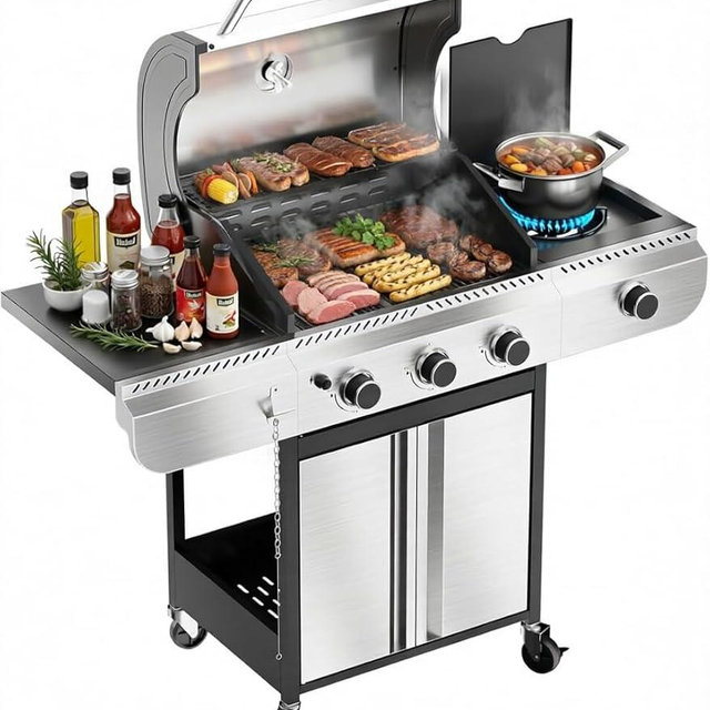 3-Burner Propane Gas Grill with Side Burner, 34,000 BTU Stainless Steel BBQ Grill – Heavy-Duty Porcelain-Enameled Grates for Patio and Outdoor Cooking