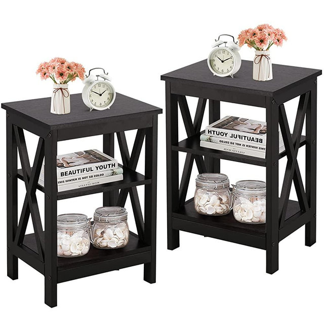 VECELO Modern End Side Tables,2 Sets Nightstand with 3-Layer Storage Shelf for Small Spaces, Living Room,Bedroom,Farmhouse Easy Assembly, Black