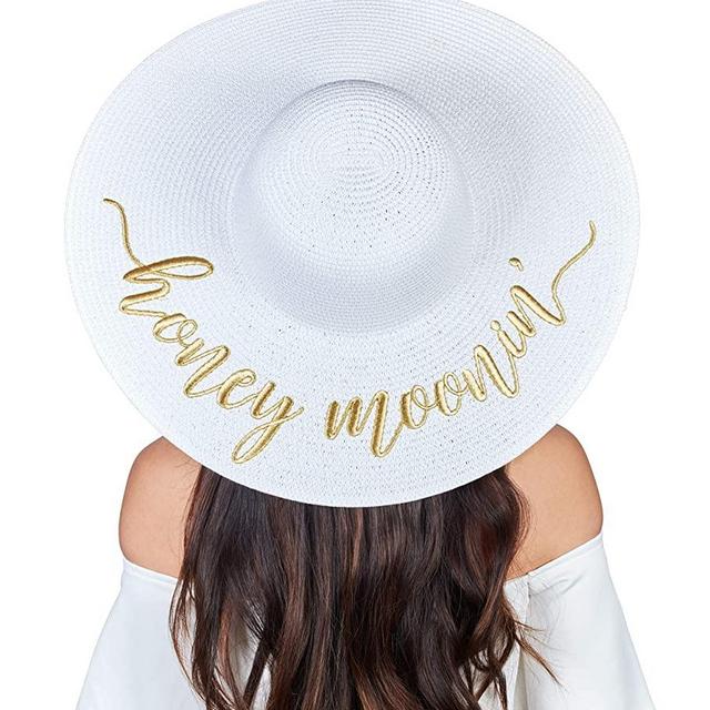 Womens Embroidered Straw Sun Hat Bridal Shower Gift Bachelorette Honeymoon