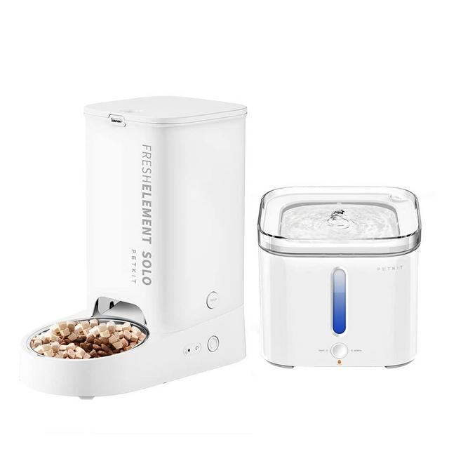PETKIT Fresh Element Solo Automatic Pet Feeder+Eversweet 2S Cat Dog Water Fountain, White Cat Food Dispenser with 2L Water Drinking Fountain