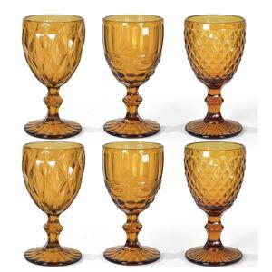 Vintage Wine Glasses Set of 6, 12 OZ Colored Glass Water Goblets, Embossed Floral Decorative Crystal Glass Cups Set, Dishwasher Safe, for Wedding, Party, Red Wine Glass, Bars, Restaurants