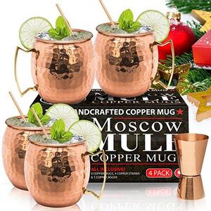 Moscow Mule Copper Mugs - Set of 4 - 100% HANDCRAFTED - Food Safe Pure Solid Copper Mugs - 16 oz Gift Set with BONUS: Highest Quality Cocktail Copper Straws and Jigger!
