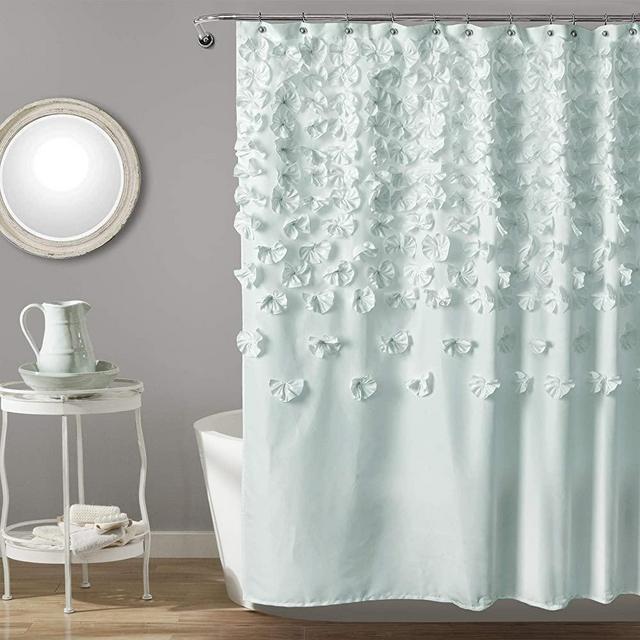 Lush Decor Lucia Shower Curtain - Fabric, Ruched, Floral, Textured Shabby Chic, Farmhouse Style Design, 72” x 72”, Blue