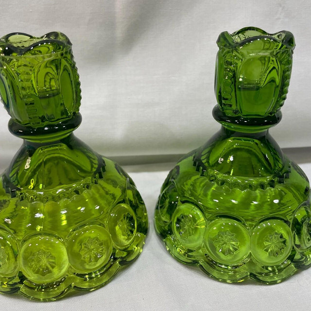 L.E. Smith Moon & Stars Green Glass Candlesticks - 4 1/2"