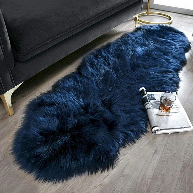 Ashler Soft Faux Sheepskin Fur Chair Couch Cover Navy Blue Area Rug for Bedroom Floor Sofa Living Room 2 x 6 Feet