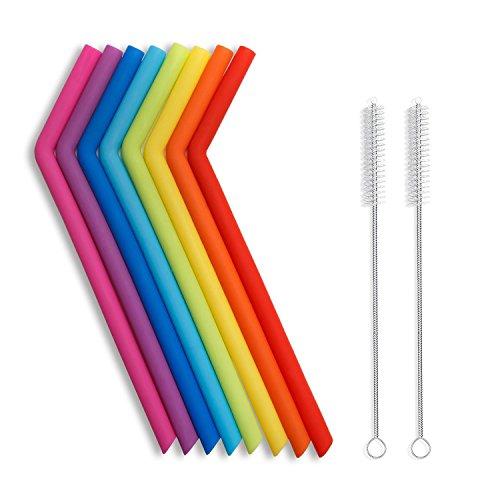 Hiware Reusable Silicone Drinking Straws, Long Flexible Straws with Cleaning Brushes for 30 oz Tumblers RTIC/Yeti - 10 Pieces - BPA-Free - No Rubber Taste