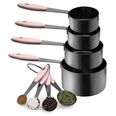 Country Kitchen 8-Piece Gunmetal Measuring Cups and Measuring Spoon Set Stainless Steel with Soft Touch Silicone Handles, Nesting Liquid Measuring Cup Set or Dry Measuring Cups Set (Pink)