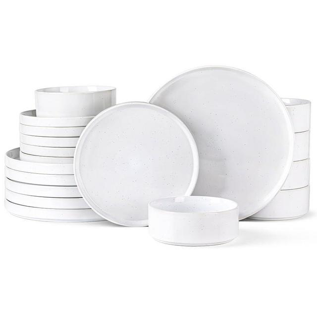 Dinnerware Set for 6, 18 Piece Speckled Plates and Bowls Set with Glazed Bottom, Chip & Scratch Resistant Stoneware Plates Set, Dishwasher & Microwave Safe Dishes Set, White
