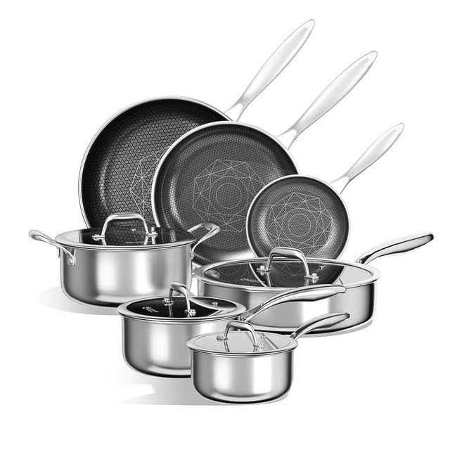 COOKER KING Stainless Steel Cookware Set, 11 Pcs Pots and Pans Set, Hybrid Ceramic Cookware,Non-Stick Frying Pans, Saucepans, Saute Pan & Stock Pot, Non-Toxic, Oven Safe, Induction Compatible