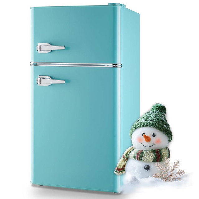 Small Refrigerator with Freezer Double Door Mini Fridge Adjustable Glass Shelves, Detachable Handle,7 Level Temperature Control Fridge for Dorm, Office, Apartment Blue