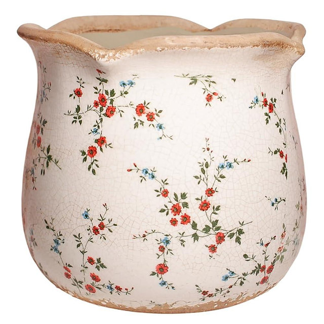 Ceramic Pots for Plants, Vintage Plant Pot with Drainage Hole, 6.11in. Planter for Indoor Plants, Crackle Glaze Finish Flower Pot, Perfect Tuscan Ceramic Planter for Gardening, Small Red Blooms