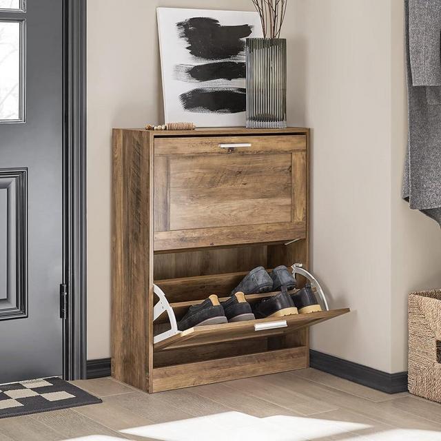 Haotian FSR137-F, Natural Brown 2 Flip-Drawers Shoe Cabinet Shoe Rack Freestanding Shoe Storage Cupboard Organizer for Entryway Hallway Bedroom(9.1" D x 23.4" W x 31.3" H)