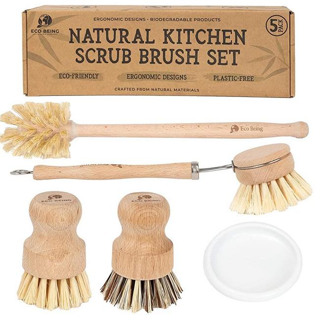 Eco Being Natural Bubble up Dish Brush Set with Soap Dispenser. Bamboo Dish Brush Set with Strong, Plastic Free Scrubber Brushes & Wooden Handles ~ 5 Piece Kitchen Set Makes Cleaning Dishes Easy.