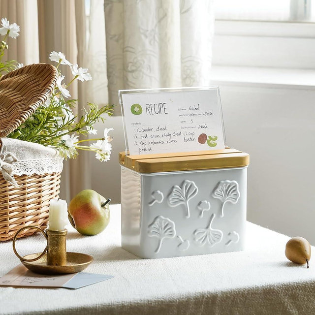 HOME PALETTE Recipe Box with Cards and Dividers Set 4x6 Recipe Holder for Kitchen Counter Metal White Ginkgo Leaf Pattern Embossed Recipe Card Box with Wooden Grooved Lid