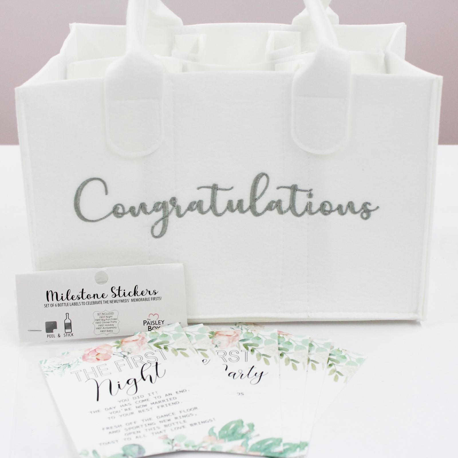 The Paisley Box, Wedding Milestone Wine Bottle Labels + Congratulatory Gift  Bag and Gift Pouch | Zola, image size:1600x1600