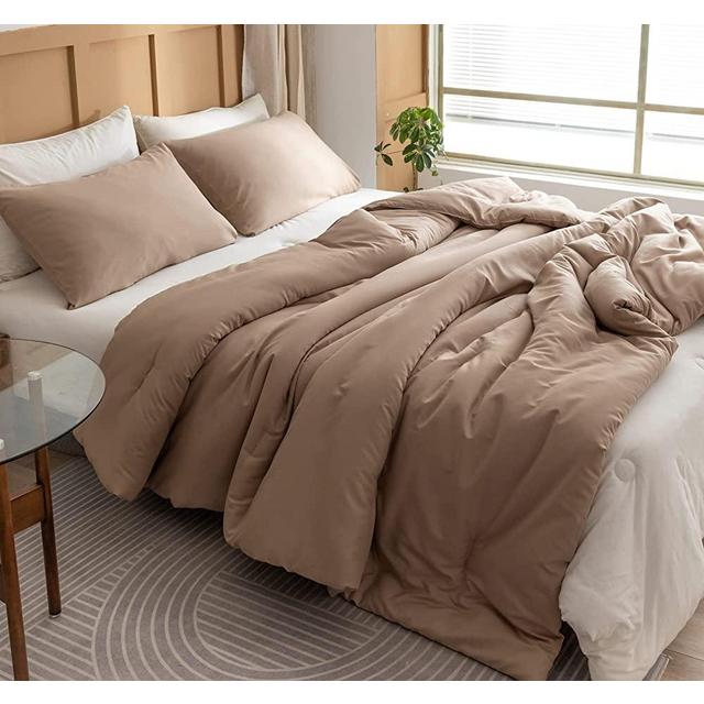 ROSGONIA Taupe Comforter Set Queen- 3pcs (1 Comforter & 2 Pillowcases) Farmhouse Queen Comforter Set for Women and Girls- Reversible Soft Warm Microfiber Comforter for All Season