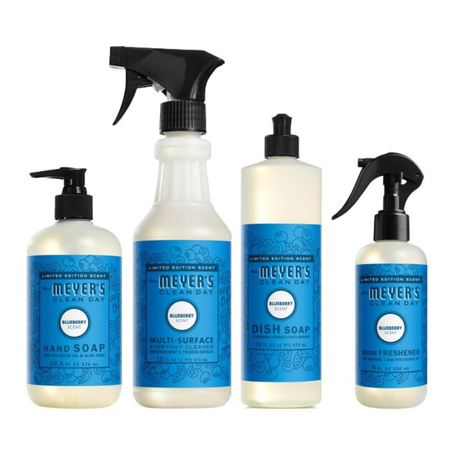 Mrs. MEYER'S Clean Day Blueberry Scent Variety Pack, Liquid Hand Soap 12.5 OZ, Multi-Surface Cleaner 16 OZ, Liquid Dish Soap 16 OZ, Room Freshener 8 OZ, 1 CT