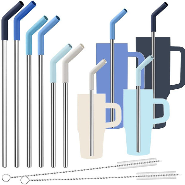 Tomorotec 6-Pack Reusable Stainless-Steel Straws with Silicone Tips, 3 Sizes Compatible with Stanley Tumblers 40OZ 30OZ 20OZ 14OZ, Dishwasher Safe, Includes 2 Cleaning Brushes (Ocean Gradient)
