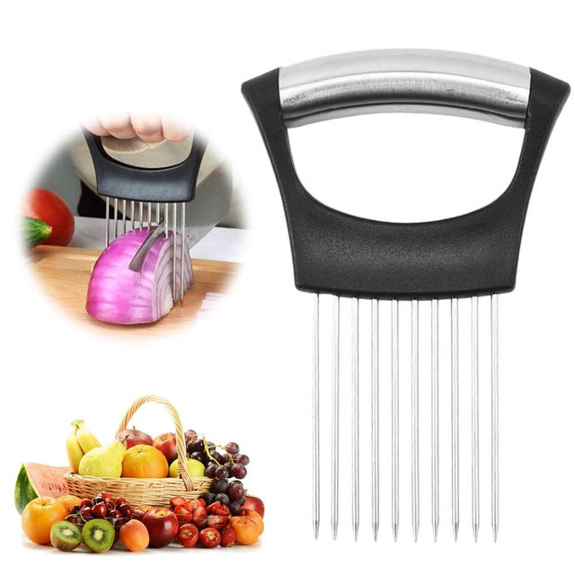 2025 New Onion Holder for Slicing, Stainless Steel Onion Slice Holder Lemon Slicer Vegetable Cutter, Kitchen Gadgets Chopper Slicing Assistant Tool for Meat, Onion, Potato, Tomato (1 Pcs)