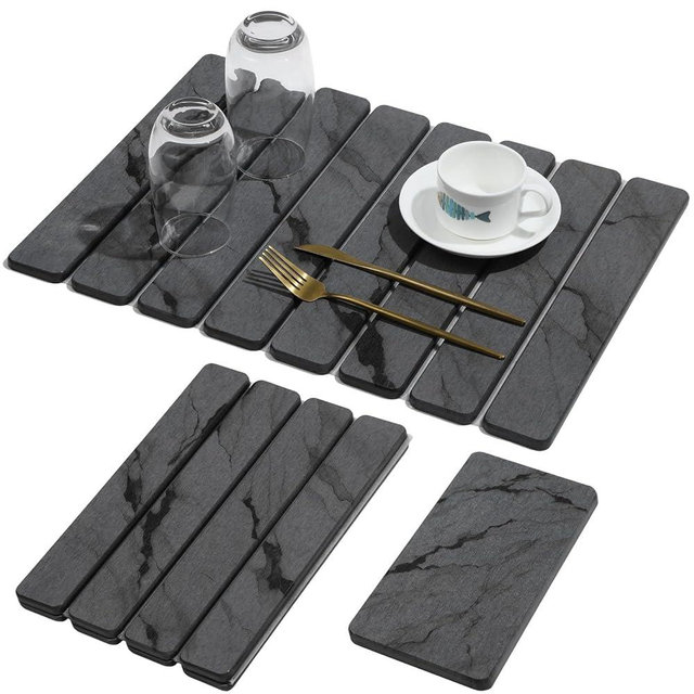 2 PCS Stone Dish Drying Mat for Kitchen Counter,Quick Dry Stone Dishes Mats,Marbled Water Absorbing Diatomaceous Earth Drying Pad for Countertop Bottles Utensils Cups（Dark Gray 20"×14" & 8"x4"）
