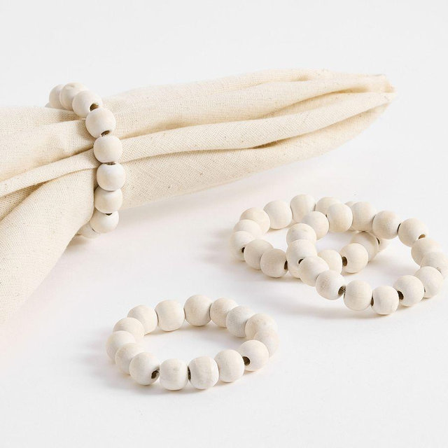 Wood Beaded Napkin Rings, Set of 4 - White Wash