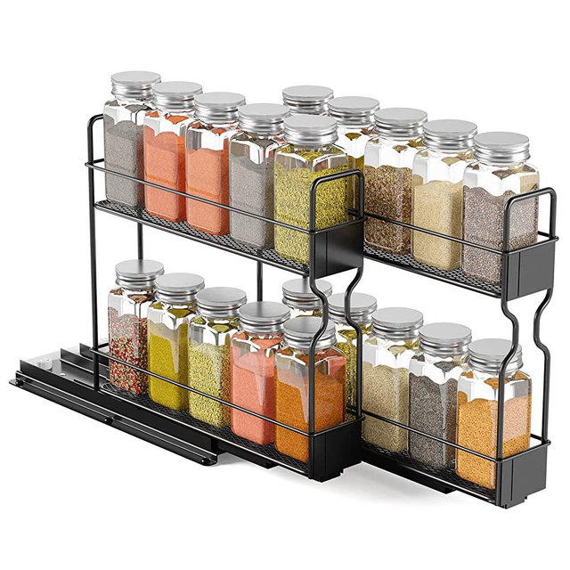 SpaceAid Pull Out Spice Rack Organizer with 20 Jars for Cabinet, Heavy Duty Slide Out Seasoning Organizer for Kitchen Cabinets, with 415 Labels and Chalk Marker, 2 Drawers 2-Tier