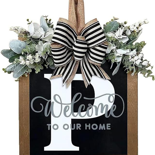 2024 New Last Name Year Round Front Door Wreath Front Porch Decoration 26 Letter Welcome Sign with Eucalyptus Garland and Bow Spring Wreaths for Front Door Outside Hanger Garland (P)