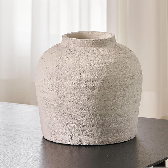 LB2 White Ceramic Large Vase, 11" Tall Zen Style vase, Terra Cotta Pitcher Vase, Distressed Farmhouse Decor, Pottery Decorative Flower Vase for Home Decor