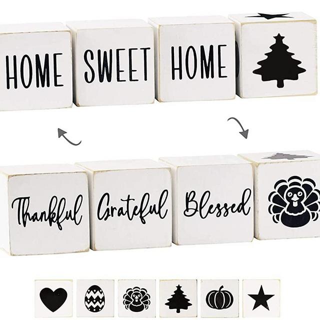 Farmhouse Thanksgiving Decorations Fall Wooden Signs Tabletop Letters,Rustic Christmas Decor Country Christmas Decorations,Small Wooden Trays for Decor,Home Sweet Home&Thankful Grateful Blessed Blocks