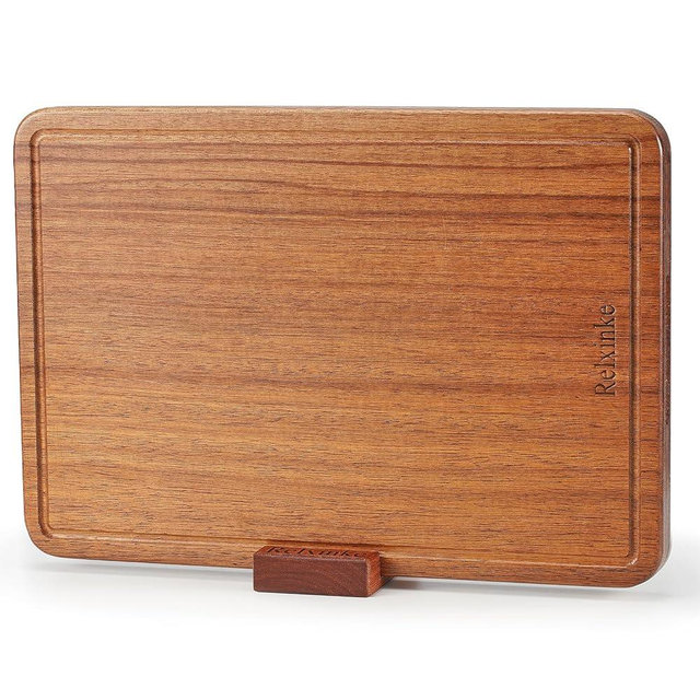 Relxinke Solid Teak Wood Cutting Board One Piece Non Glued Thick Crack Resistant Wooden Chopping Board with DeepJuice Grooves Built in Handles for Kitchen Meat Vegetables Chese 13 X 8.7 Inch