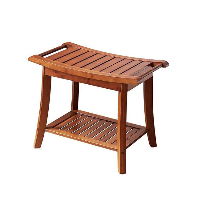 Forevich Bamboo Shower Bench Stool with Storage Shelf Waterproof Shower Chair Spa Bath Seat Excellent for Indoor Use Chestnut Brown