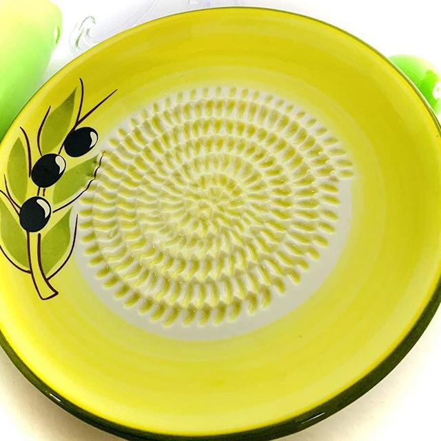 BonCera, All-in-one 4pcs Premium Ceramic Garlic Grater Set - HandMade, Olive Design Grater Plate w/Garlic Peeler, Gathering Brush, Display Stand, Grating for Turmeric, Ginger, and more, #114