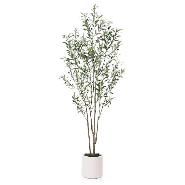 LOMANTO Artificial Olive Trees, 7 ft Tall Fake Olive Trees for Indoor, Faux Olive Silk Tree, Large Olive Plants with White Planter for Home Decor and Housewarming Gift, 1 Pack