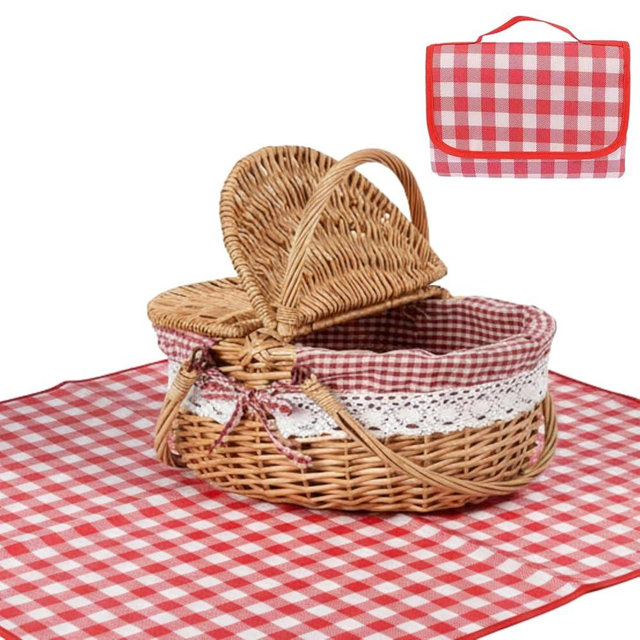 GOVNPJ Wicker Picnic Baskets, Country Vintage Picnic Basket with Picnic Cloth Split Lid Picnic Basket, with Folding Handle Picnic Hamper for Picnic Hiking Camping（13.78" D x 9.84" W x 6.69" H）