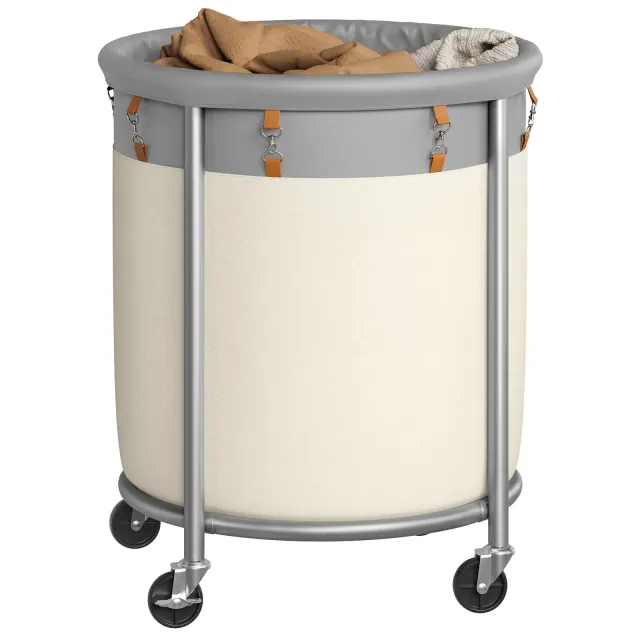 SONGMICS 50.2-Gallon Laundry Basket with Wheels, Steel Frame and Removable Bag, 2 Locking Wheels, Dove Gray and Cream White