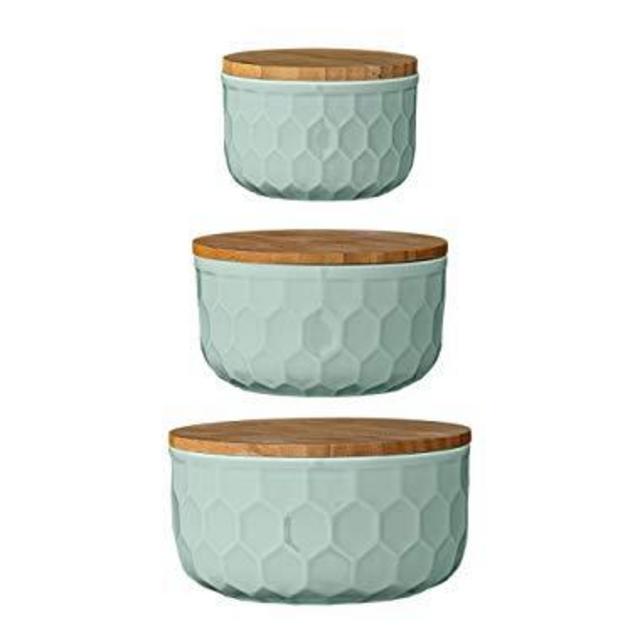 Bloomingville A21700005 Set of 3 Round Mint Green Stoneware Bowls with Bamboo Lids