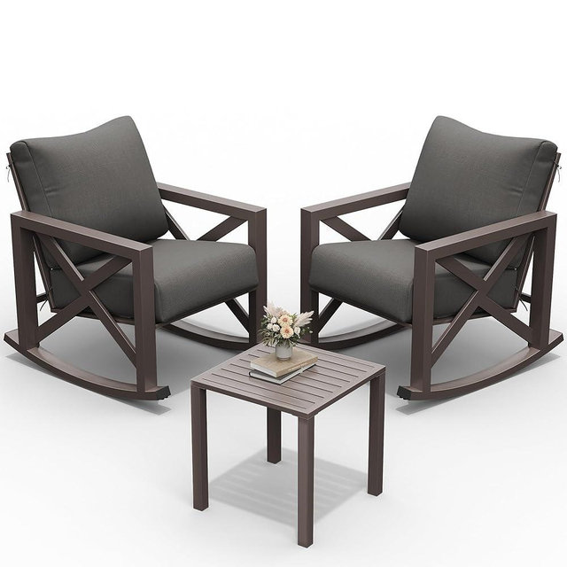 UDPATIO Outdoor Rocking Chair Set 2 with Coffee Table, 3 Piece Metal Patio Furniture Set with 6.5" Water-Resistant Cushions, Oversized, 350lbs Heavy-Duty, for Porch, Patio, Balcony, Dark Grey