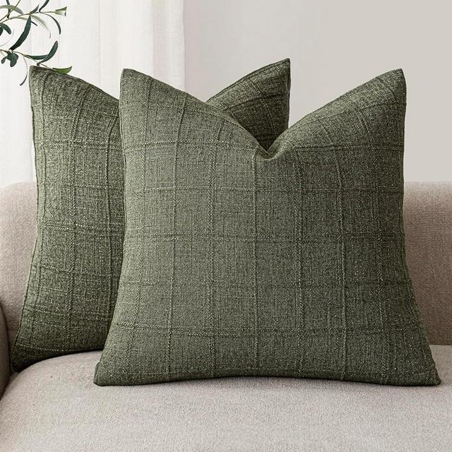 Foindtower Set of 2 Decorative Linen Check Throw Pillow Covers Neutral Farmhouse Vintage Cushion Covers Modern Boho Home Decor for Sofa Chair Couch Bedroom Living Room Outdoor,20×20 Inch,Olive Green