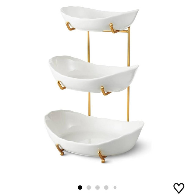 Ceramic Fruit Bowl for Kitchen Counter - 3 Tier Fruit Basket with Metal Stand, Tiered Fruit Stand for Countertop, Snack, Nuts, Cake, Dessert, Small & Cute (Gold)