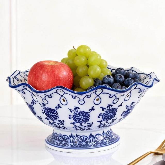 UANYEMON Blue and White Ceramic Fruit Bowl for Kitchen Counter,Decorative Pedestal Bowl for Table Countertop,Large Footed Serving Bowl,Large Fruits Basket