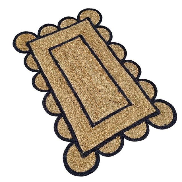 knight fury Scalloped Natural Jute Area Rug, Double Border Trim, Hand Woven Classic Rug Kitchen Rugs, Rugs for Living & Bedroom (Black, 2x3 feet)