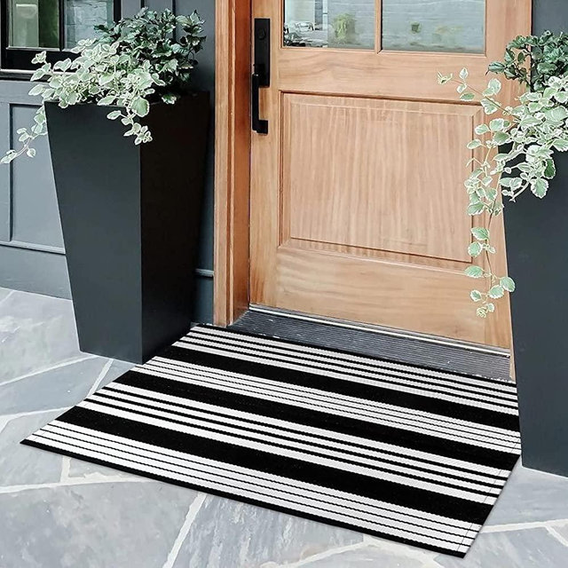 OJIA Black and White Striped Doormat 24'' x 35'' Cotton Hand-Woven Indoor/Outdoor Small Area Rug Layered Door Mats for Front Porch/Entryway/Laundry Room/ Bedroom