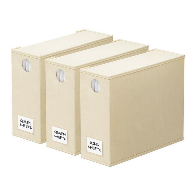 SpaceAid 3 Pack Bed Sheet Organizers and Storage, Foldable Sheet Organizer for Linen Closet, Sheets Set Folder Keeper with Window XL (Queen & King Size) Bedding Container (Beige, 3 Pack)